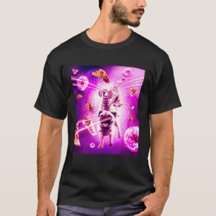 Laser Eyes Space Cat Riding Dog Pug Rainbow T-Shirt