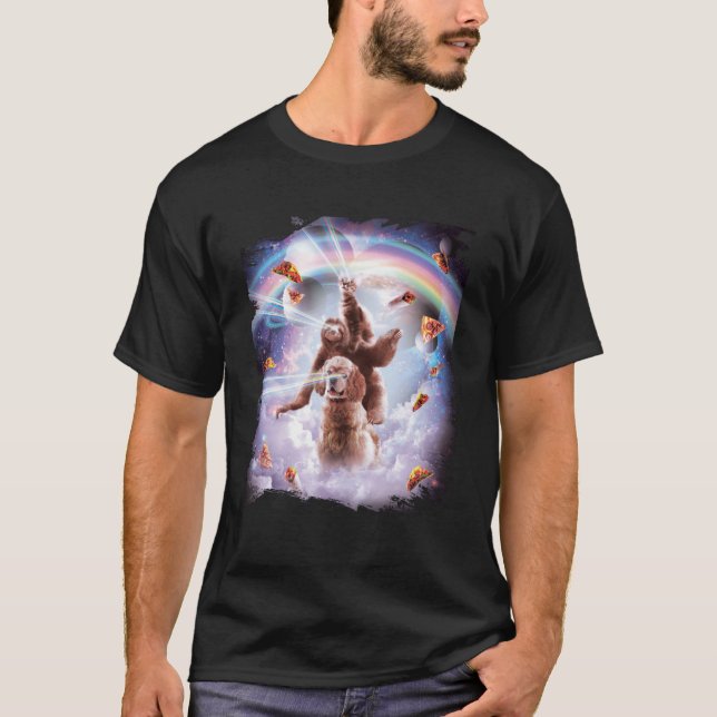 Laser Eyes Space Cat Riding Sloth, Dog - Rainbow P T-Shirt (Front)