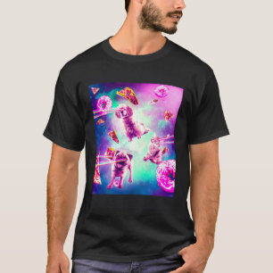 Laser Eyes Space Cat With Dog Pug Rainbow T-Shirt
