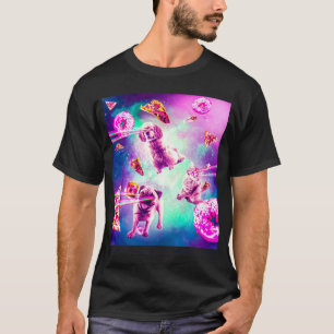 Laser Eyes Space Cat With Dog Pug Rainbow T-Shirt
