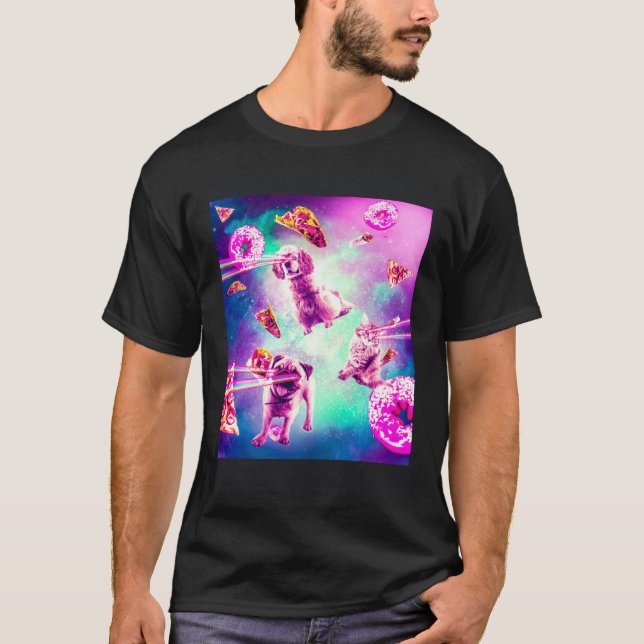 Laser Eyes Space Cat With Dog Pug  Rainbow T-Shirt (Front)