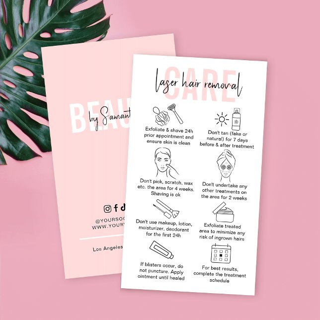 Laser Hair Removal Aftercare Instructions Pink Business Card (Laser hair removal post-treatment care instructions cards in pink and white design)