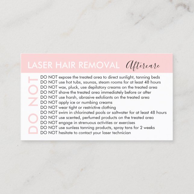 Laser Hair Removal Avoids Advices Aftercare Business Card (Back)