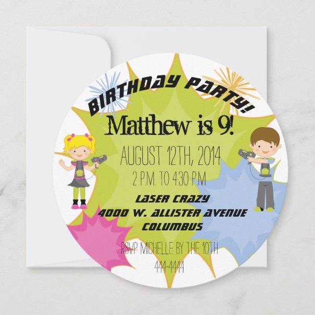 Laser Tag Birthday Party Customised Circle Invite (Front)