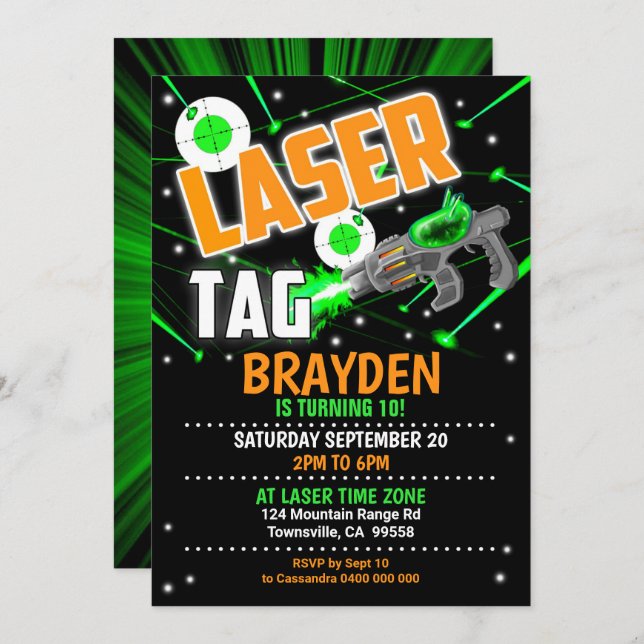 Laser Tag Invitation Green Laser Tag Party Invite (Front/Back)