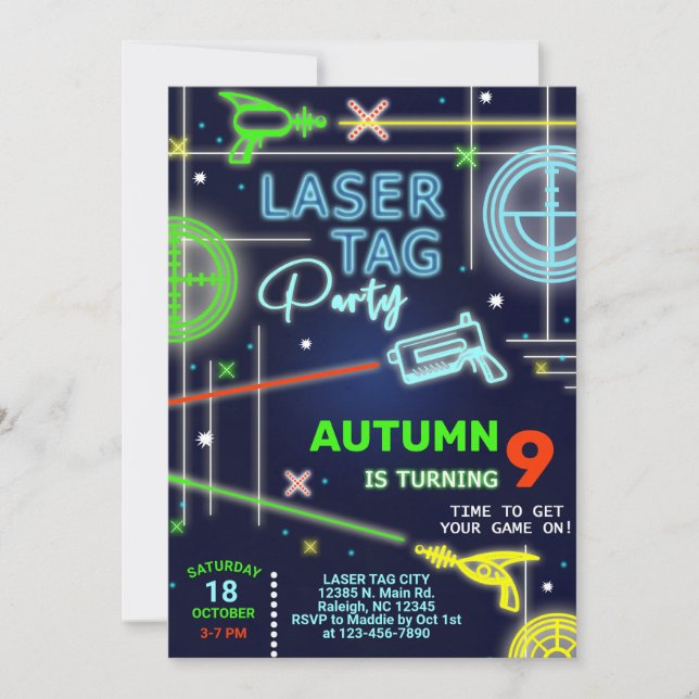 Laser Tag neon boy birthday invitation. Invitation (Front)