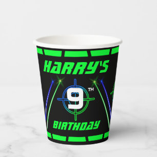 Laser Tag Neon Green and Blue Beams Birthday Paper Paper Cups