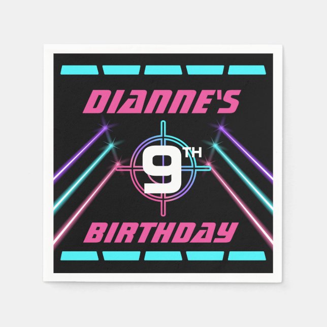 Laser Tag Neon Pink Birthday Party Napkin (Front)