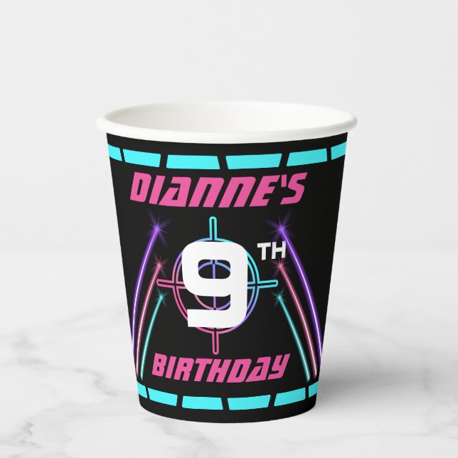 Laser Tag Neon Pink Birthday Party Paper Cups (Front)