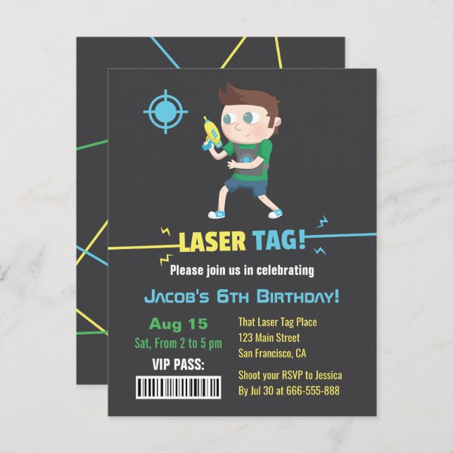 Laser Tag VIP Pass Boys Birthday Party Invitations (Front/Back)