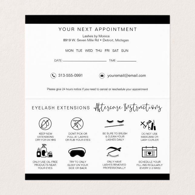 Lash Aftercare Instructions & Appointment Reminder Business Card (Inside Unfolded)