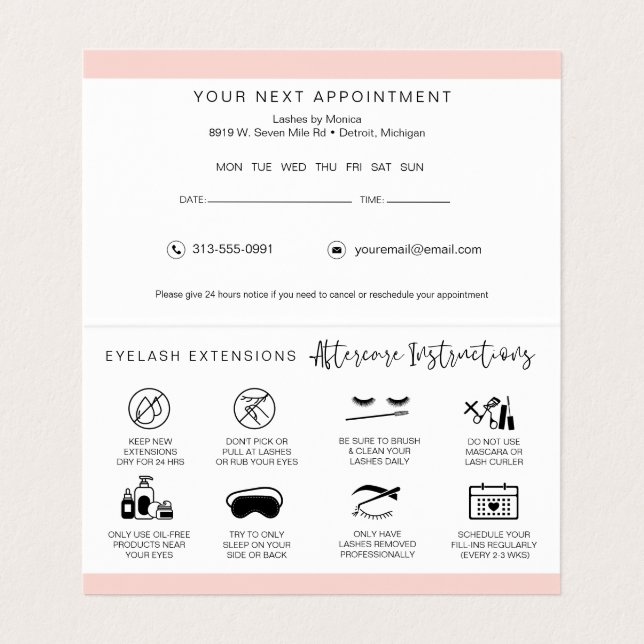 Lash Aftercare Instructions & Appointment Reminder Business Card (Inside Unfolded)