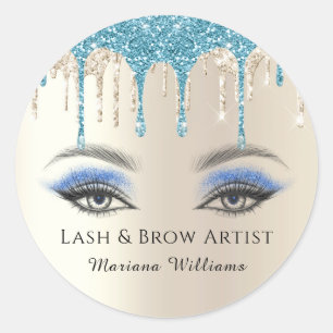 lash and brow artist, gold blue glitters business classic round sticker