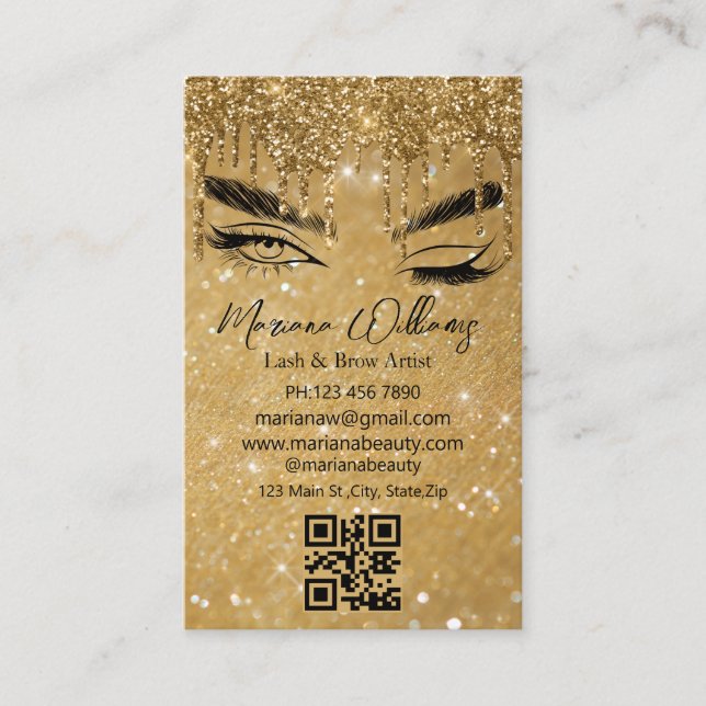 lash and brow artist qr code golden sparkles business card (Front)