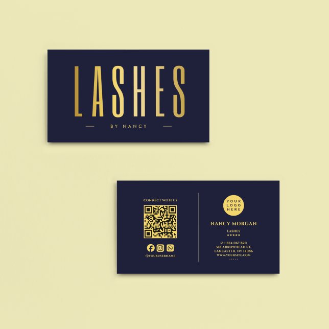 Lash Artist QR Code & Logo Navy And Gold Business Card (Creator Uploaded)