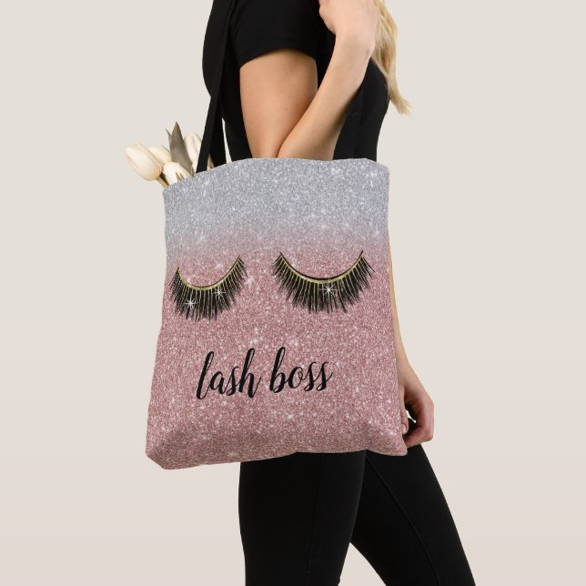 Lash Boss Eyelash Makeup Artist Rose Gold Glitter Tote Bag (Close Up)