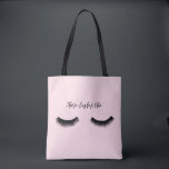 Lash Chat - Those Lashes Tho' Tote Bag<br><div class="desc">Lash Chat II by Alicia Ludwig. Features feathery black lashes and the phrase "Those Lashes Tho'" against a pink background.</div>