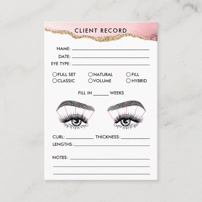 Lash Client Record Add Logo Blush Pink Agate Business Card (Front)