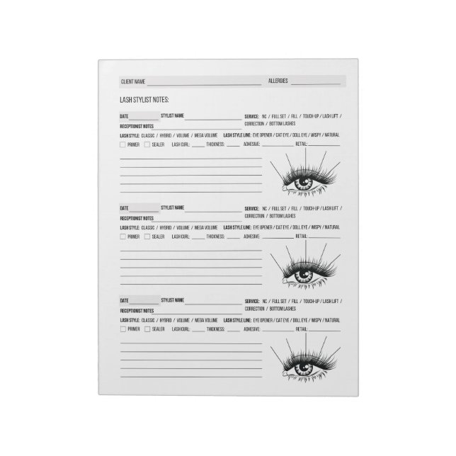 Lash Client Record, Lash Extensions Client Notepad (Rotated)