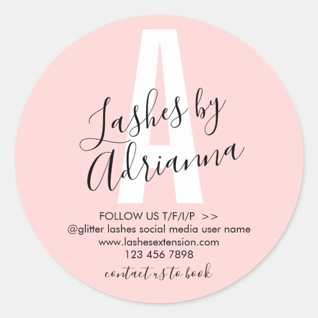 Lash Extension Aftercare pink monogram Classic Round Sticker (Front)