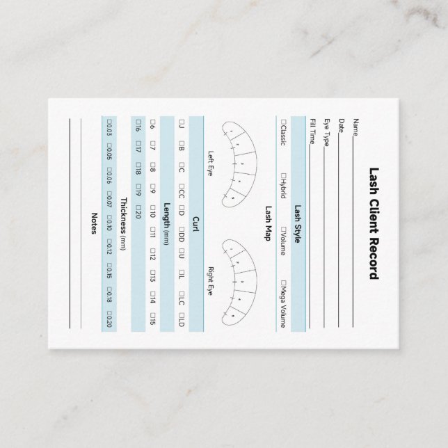 Lash Extension Client Record Form Business Card (Front)