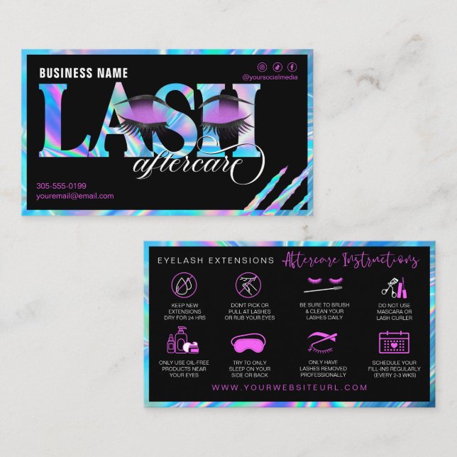Lash Extensions Aftercare Holographic Glitter Eyes Business Card (Front/Back)