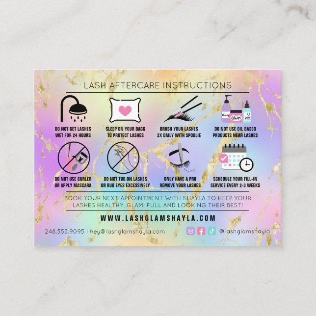 Lash Extensions Aftercare Instructions Appointment Business Card (Back)