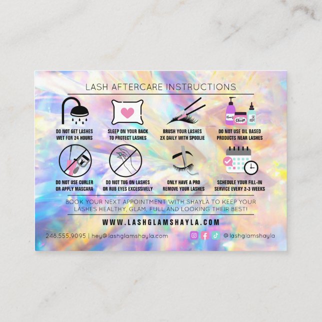 Lash Extensions Aftercare Instructions Appointment Business Card (Back)