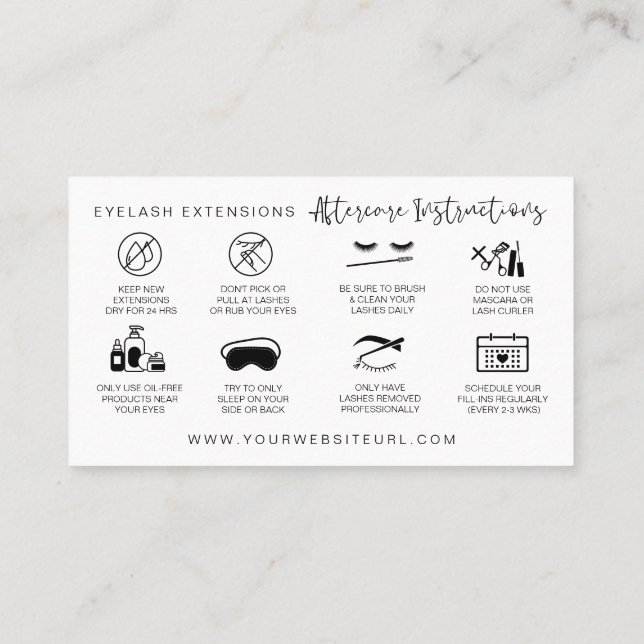 Lash Extensions Aftercare Instructions Modern Business Card (Back)
