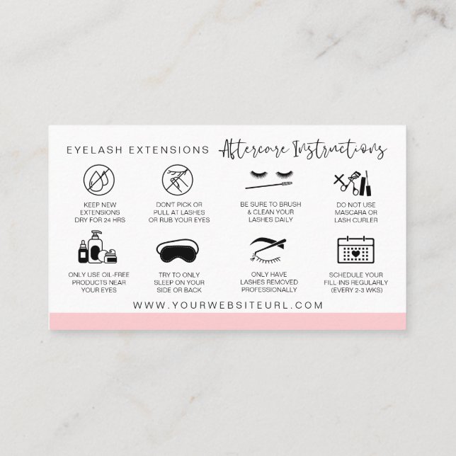 Lash Extensions Aftercare Instructions Modern Pink Business Card (Back)