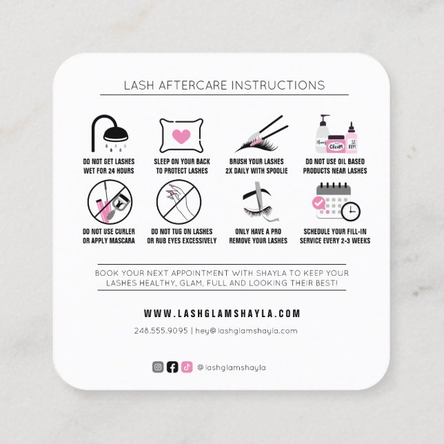 Lash Extensions Aftercare Instructions Pink Black Square Business Card (Back)