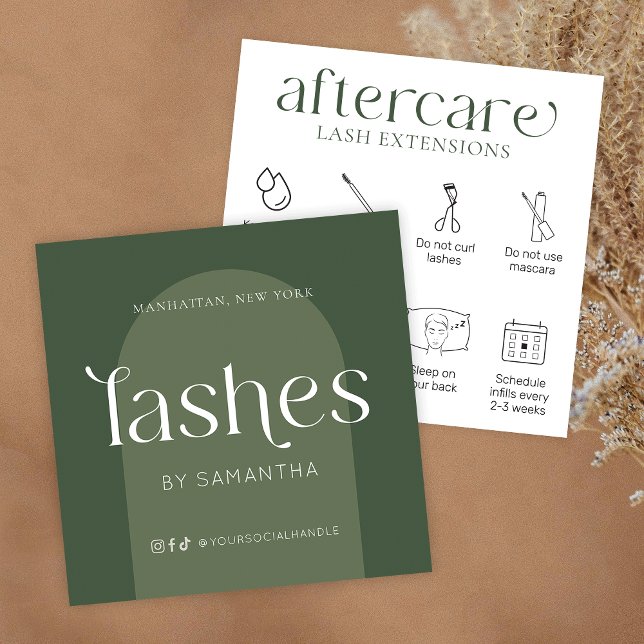 Lash Extensions Aftercare Modern Boho Sage Green Square Business Card (Lash extensions after care cards in boho sage green with care icons & trendy fonts)