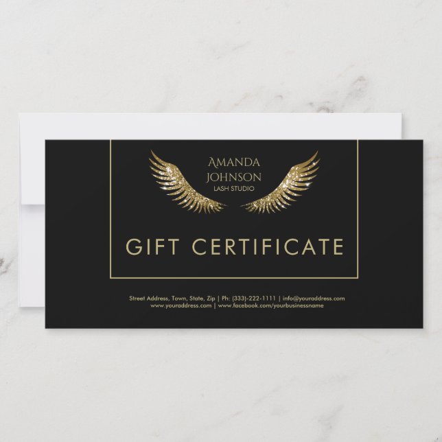 Lash Gift Certificate White Gold Wings Black Thank You Card (Front)