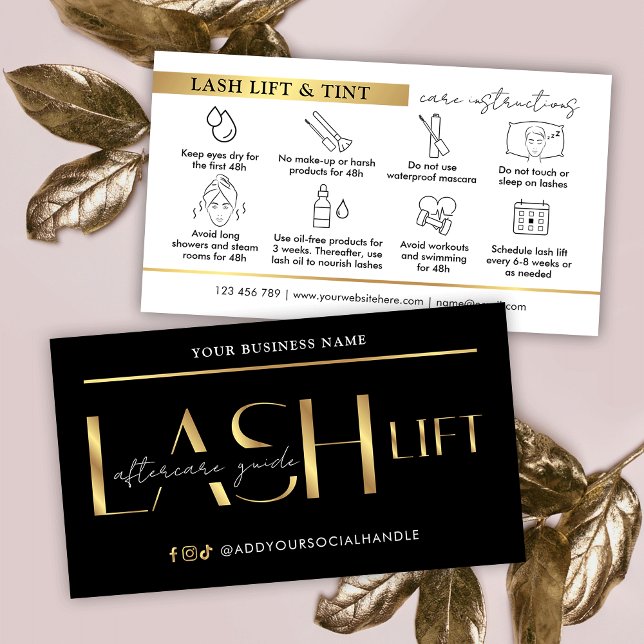 Lash Lift & Tint Aftercare Guide Glam Black & Gold Business Card (Creator Uploaded)