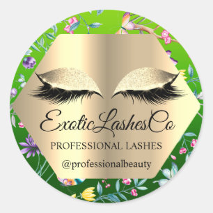 Lash Packaging. Tropical Gold Name Floral Meadow Classic Round Sticker
