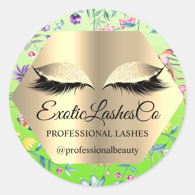 Lash Packaging. Tropical Gold Name Spring Meadow Classic Round Sticker (Front)