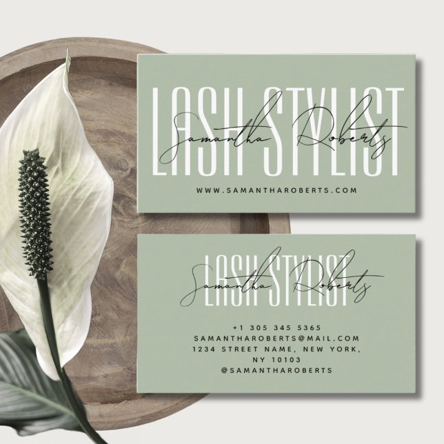 Lash stylist modern typography sage green business card (Creator Uploaded)