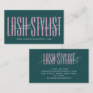Lash stylist modern typography script green pink business card