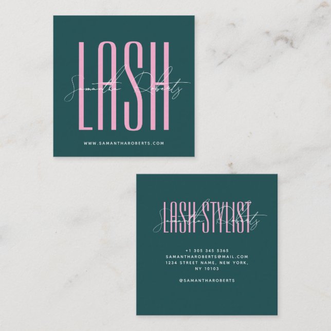 Lash stylist modern typography script green square business card (Front/Back)