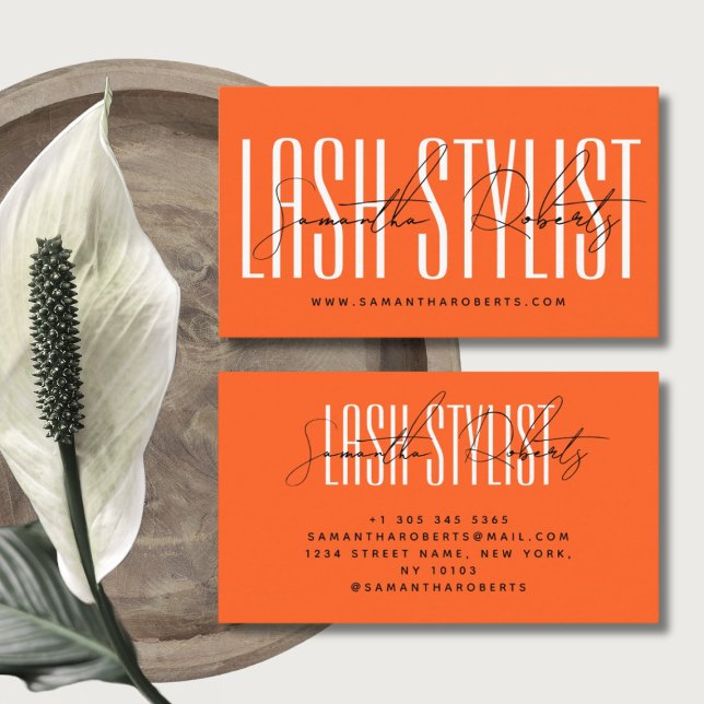 Lash stylist modern typography script neon orange business card (Creator Uploaded)