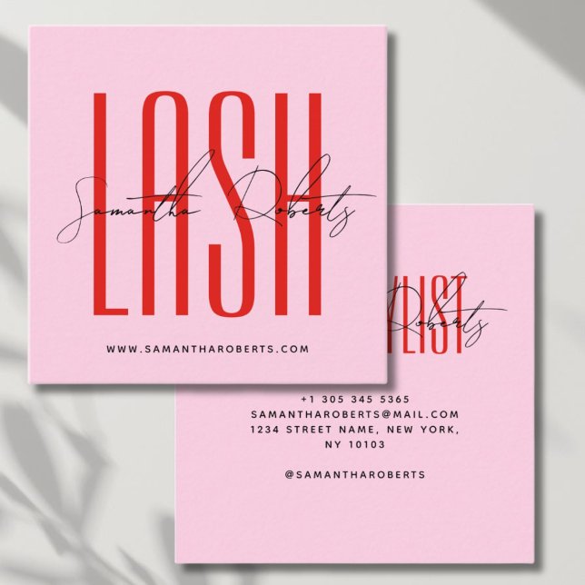 Lash stylist modern typography script pink red square business card (Creator Uploaded)