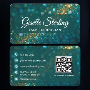 Lash Tech Green Gold QR Code Professional Business Card