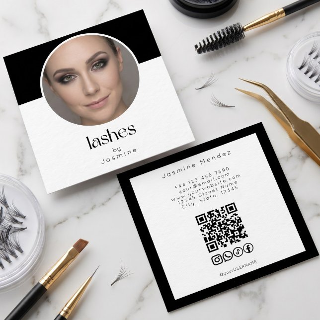 Lash Tech QR Code Photo Socials Black White Square Business Card (Creator Uploaded)