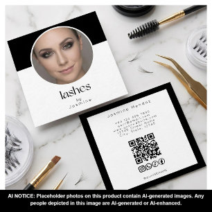Lash Tech QR Code Photo Socials Black White Square Business Card