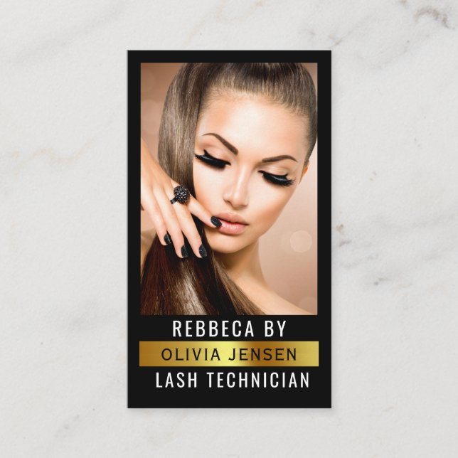 Lash Tech Salon Photo Black Luxury QR Code  Business Card (Front)