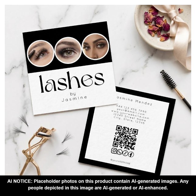 Lash Technician 3 Photo QR Code Black White Square Business Card (Creator Uploaded)