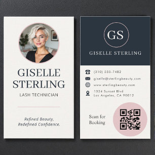 Lash Technician Blush & Navy Photo QR Code Business Card