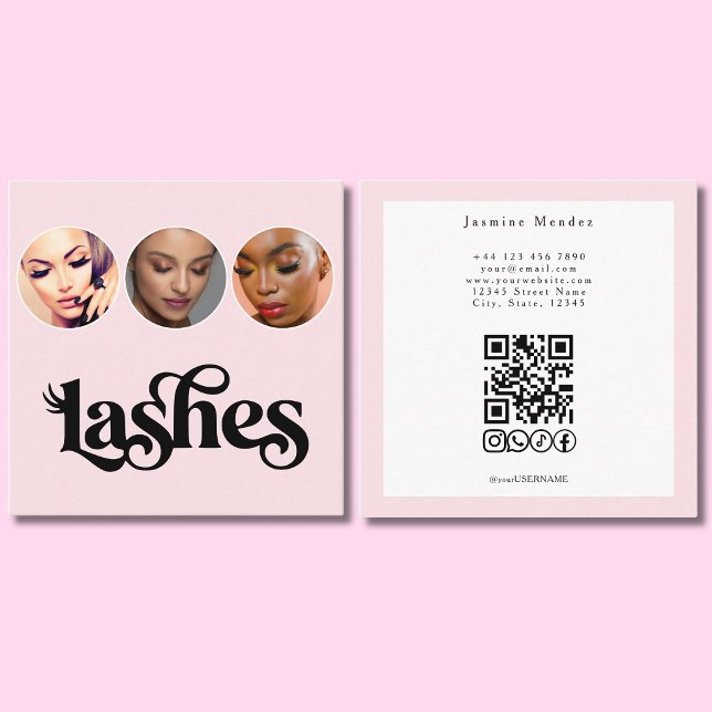 Lash Technician Blush Pink 3 Photo QR Code Square Business Card (Creator Uploaded)