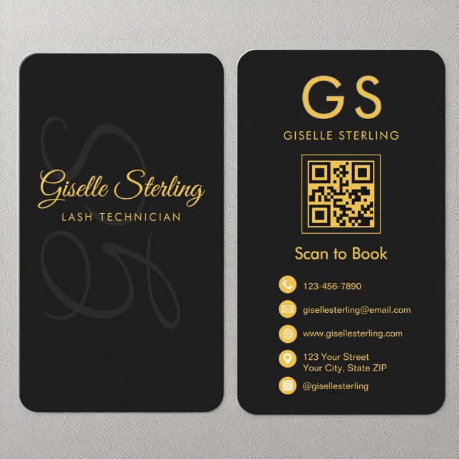Lash Technician Monogram Black Gold QR Code Beauty Business Card (Creator Uploaded)