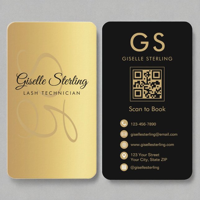 Lash Technician Monogram Gold Black QR Code Business Card (Creator Uploaded)